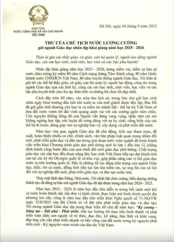 Thư của Chủ tịch nước Lương Cường gửi ngành Giáo dục nhân dịp khai giảng năm học 2025-2026